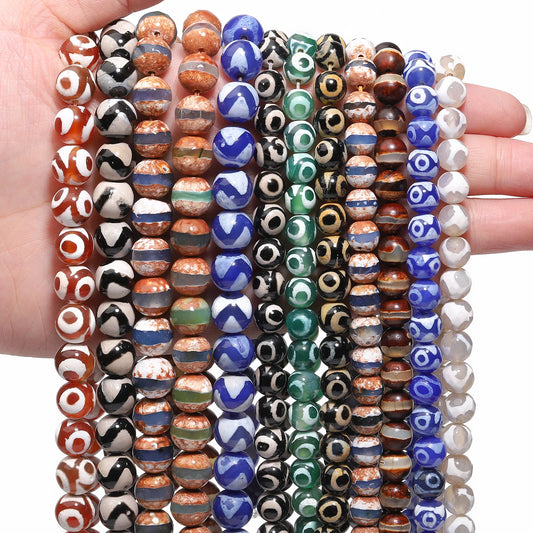 Perles rondes en agate Dzi naturelle, prière tibétaine, prairie mystique, perles pour bijoux, bricolage exécutif, accessoires de bracelet vintage, 6mm, 8mm, 10mm