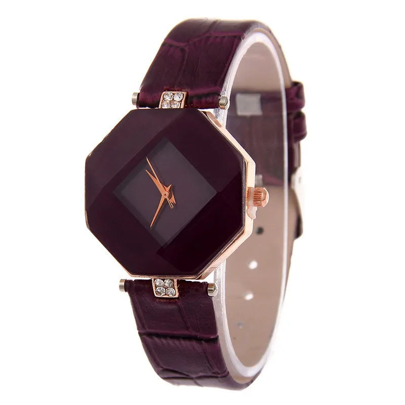 Relogio Femin37- Montre-bracelet à quartz analogique pour femme, bijou géométrique, coupe gemme exquise, bracelet en cuir bleu, à la mode