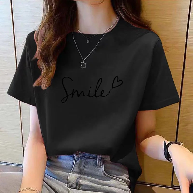 T-shirt à manches courtes pour femmes, col rond, mode coréenne, imprimé de médicaments