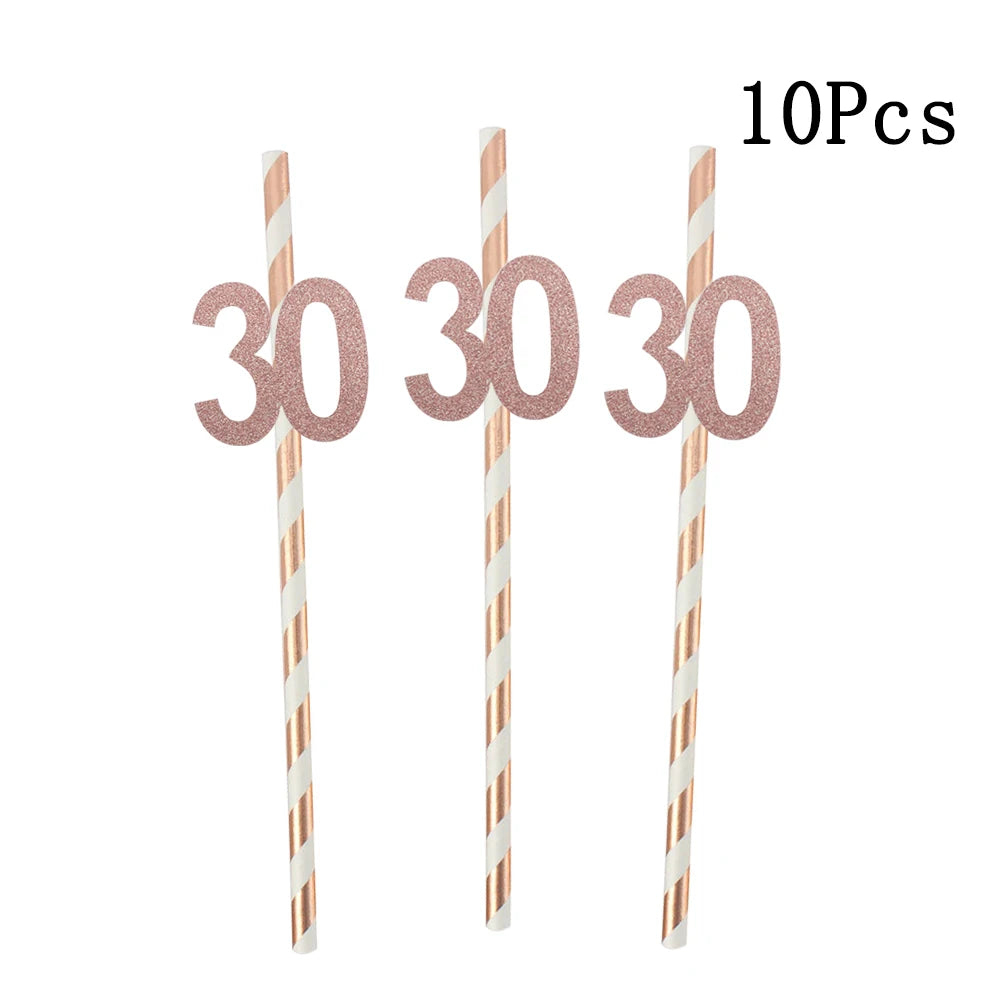 Pailles en papier à rayures dorées, 1 sac, numéro 30e 40e 50e 60e, lunettes à ceinture, pailles à boissons joyeux anniversaire pour adultes, décoration de fête en ballon