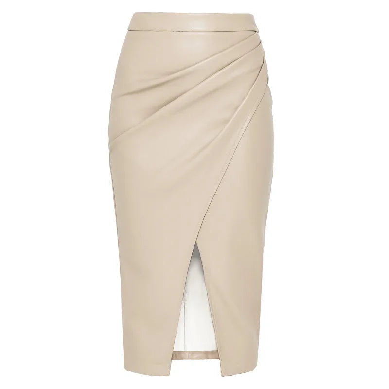 Jupe mi-longue en cuir PU pour femme, taille haute, fermeture éclair élégante, jupes fendues sur le devant, faux cuir noir, jupe pliée pour femme, automne