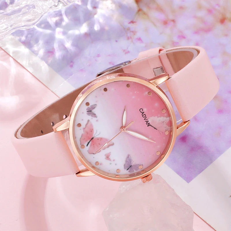 Montre à quartz avec cadran papillon rose pour femme, montre-bracelet en cuir pour femme, design de marque de luxe, mode féminine, ensemble de 6 pièces