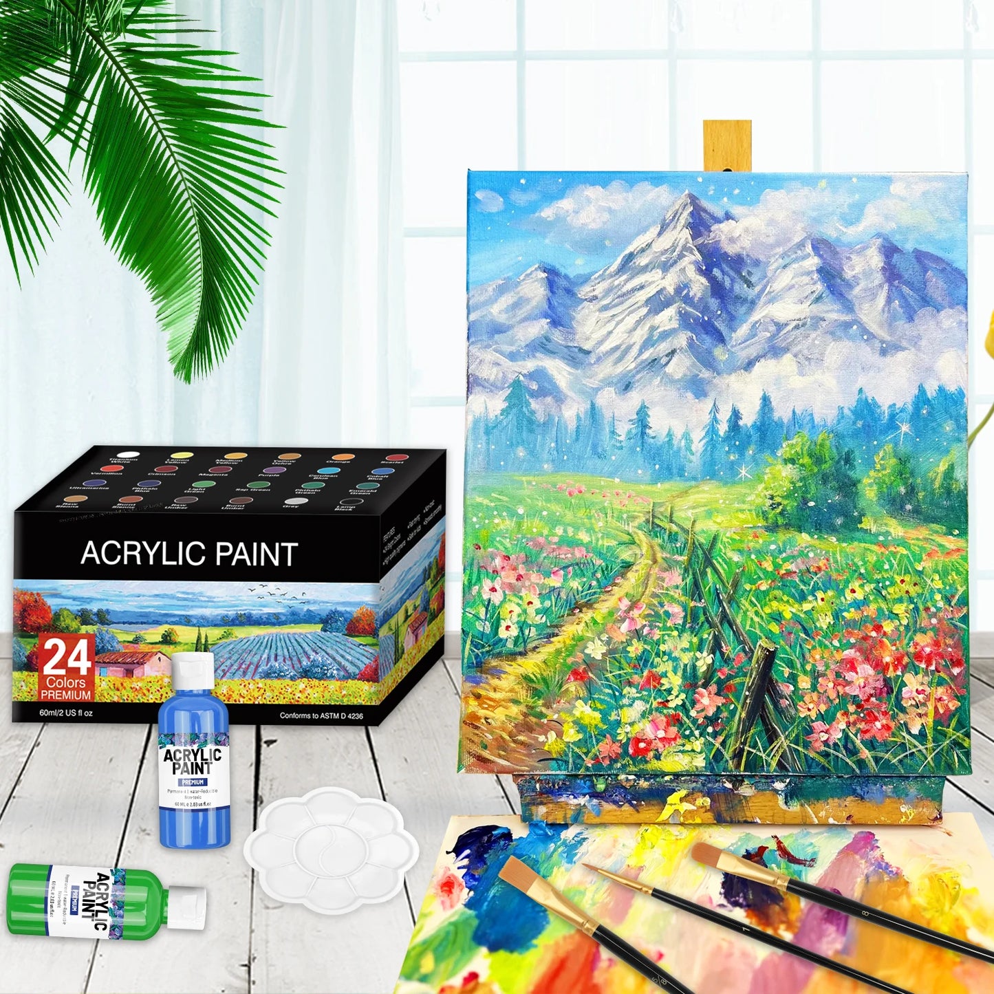 Ensemble de peinture acrylique avec 10 pinceaux, 24 couleurs (60ml, 2 US fl oz), artisanat d'art pour Halloween, citrouille, peinture céramique, Kit de fournitures d'art