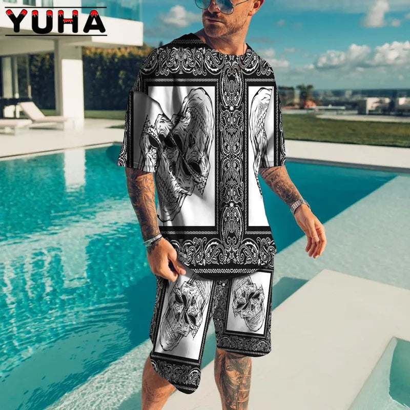 YUHA – ensemble t-shirt manches courtes pour hommes, vêtements d'été pour hommes, impression de squelette Terrible en 3D, Short décontracté, survêtement masculin 2 pièces, nouvelle collection