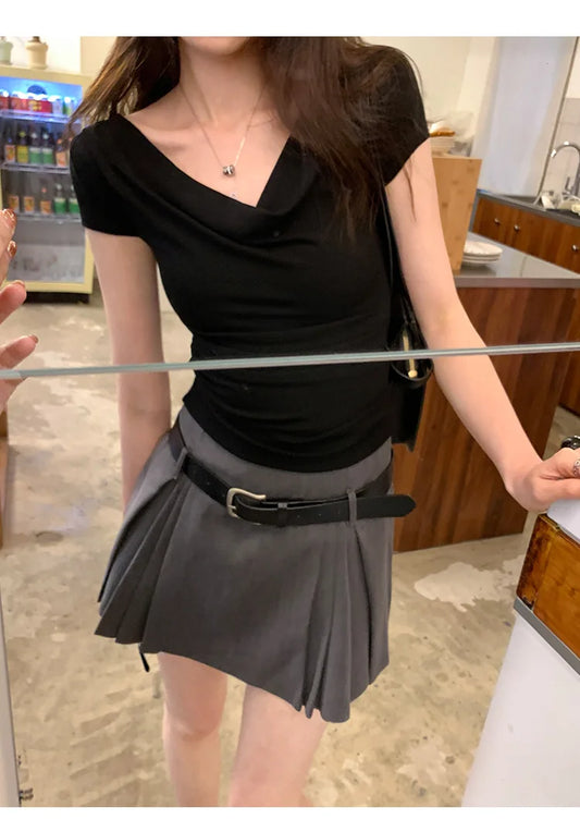 Y2K T-shirt femmes épaules dénudées manches courtes Sexy haut court été mince fille chaude T-shirt femme mode coréenne T-shirts femme