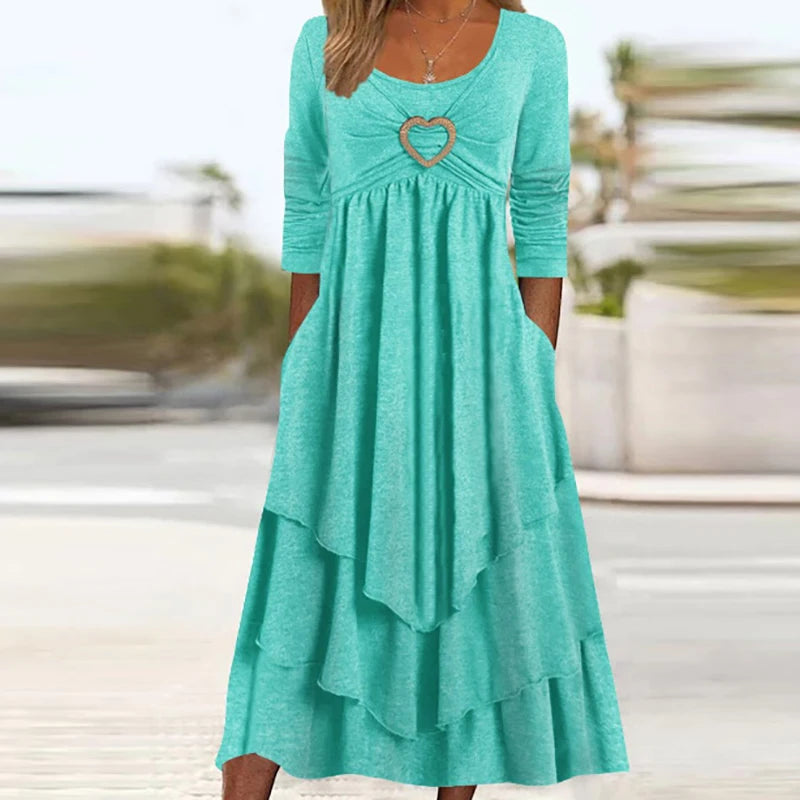 Robe mi-longue élégante pour femmes, poches Patchwork, col rond, basique, couleur unie, manches longues, décontractée, été, volants, robe de Club