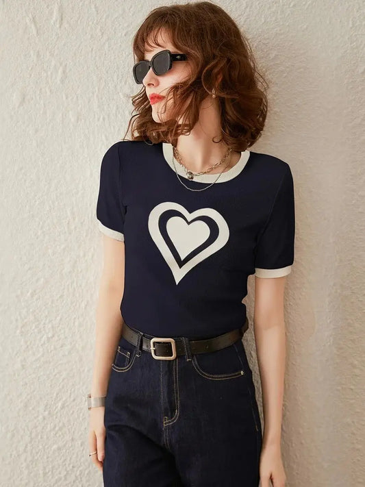 Modiis Yao-T-shirt manches courtes col rond femme, estival et décontracté, avec cœur imprimé, 2024