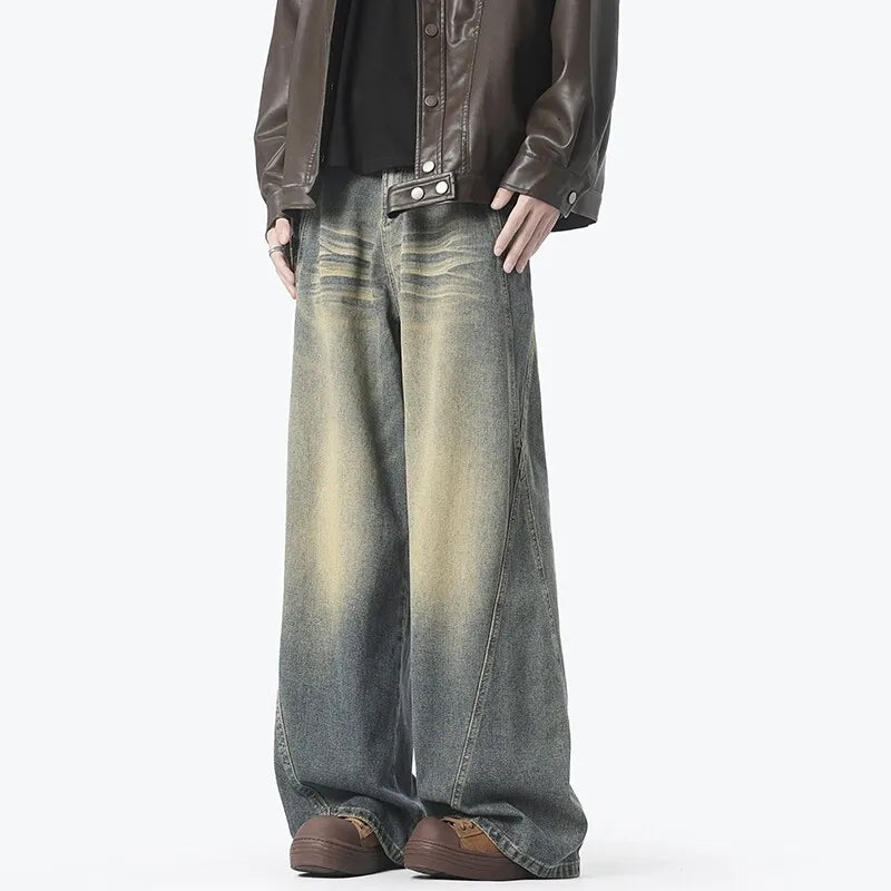 Style américain Vintage jean droit hommes rétro mode pantalon de nettoyage unisexe haute rue ample décontracté jambe large Denim pantalon