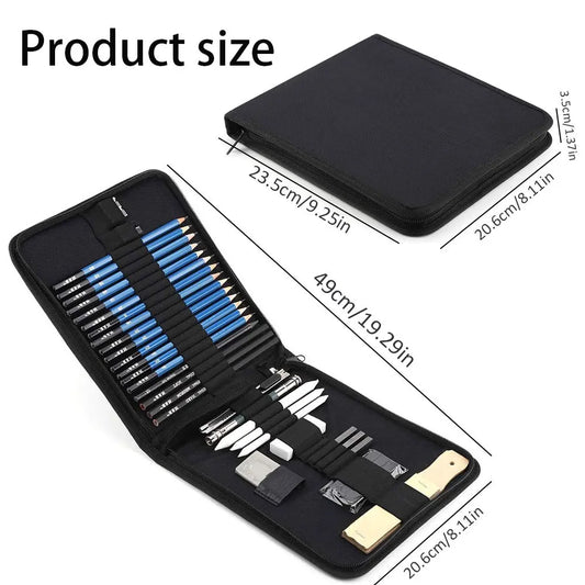 Ensemble de crayons de croquis professionnels 35 pièces avec bâtons de carbone et un sac de rangement portable noir, adapté aux débutants en peindre.