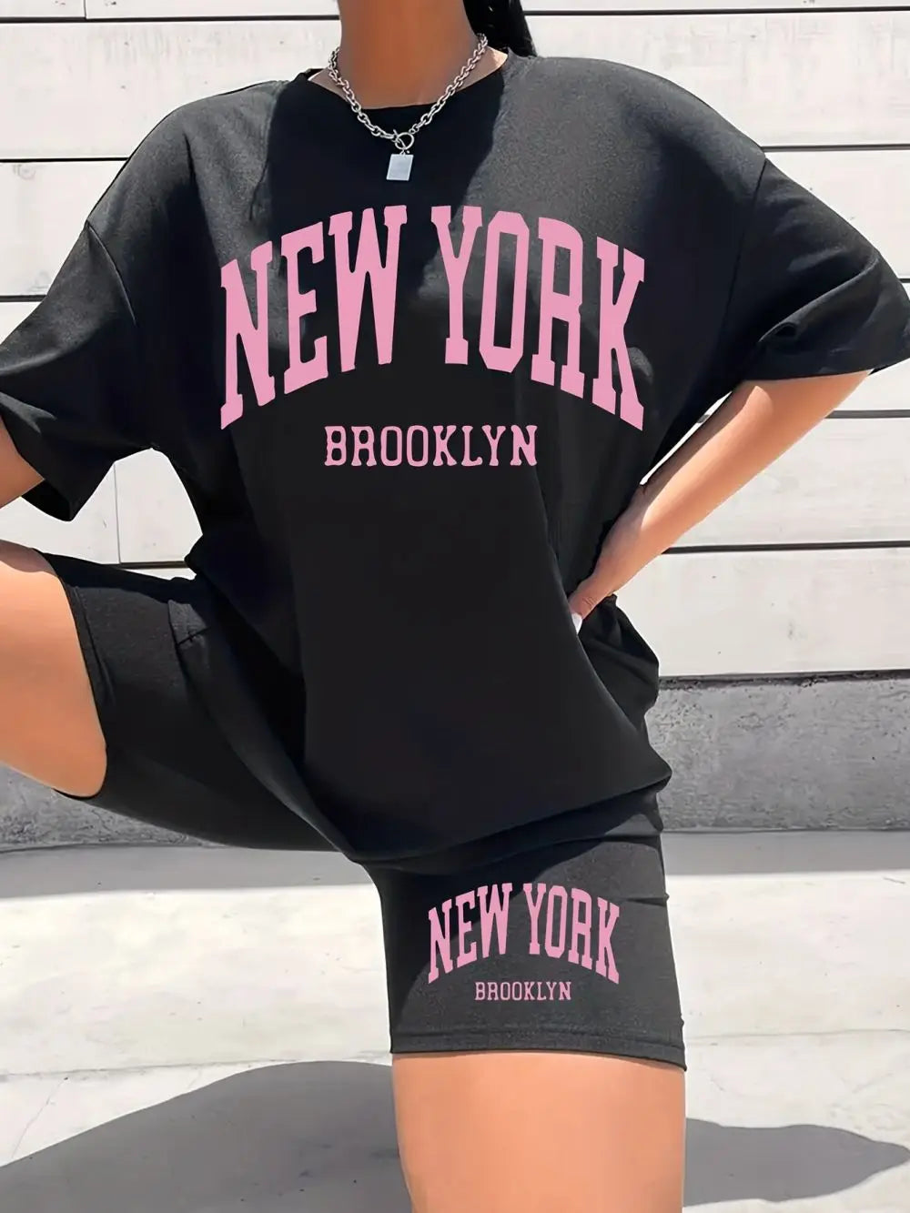 Ensemble deux pièces imprimé lettre New York Brooklyn pour femme, manches courtes, mode décontractée, col rond, vêtements d'été
