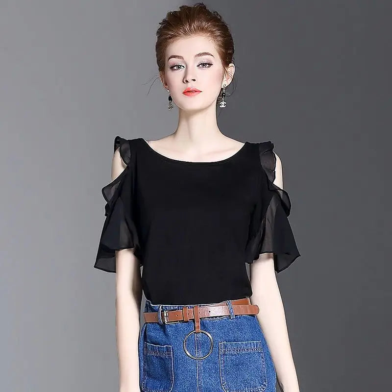 Nouveau Chemise d'été chemisier en mousseline de soie noir femmes élégantes haut de gamme ajouré manches à volants