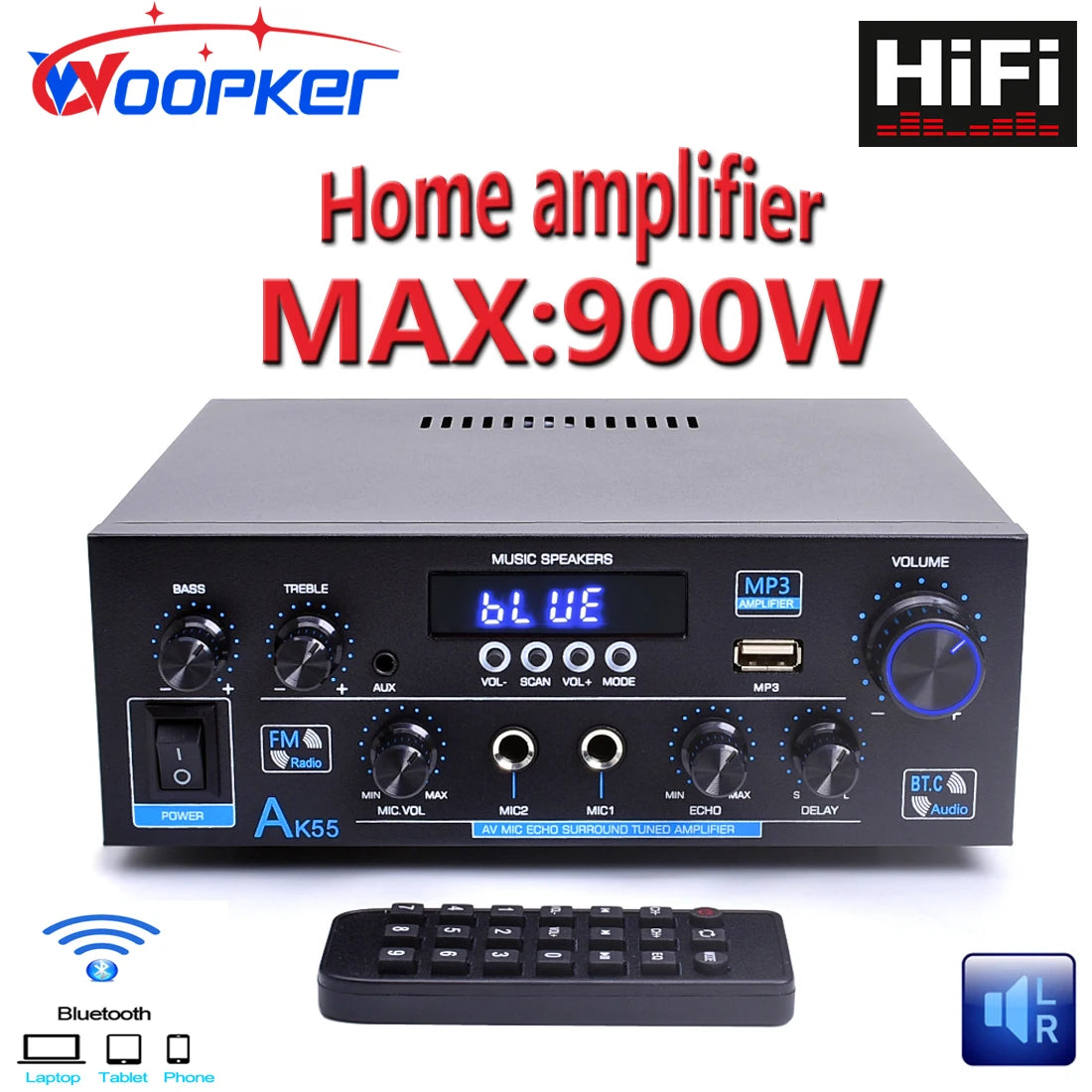 Woopker-Amplificateur de puissance domestique Bluetooth 2.0, caisson de basses pour touristes, entrées micro, radio FM, AK55, canal RMS 70W + 70W, 5.0, HiFi, Prévention 900W