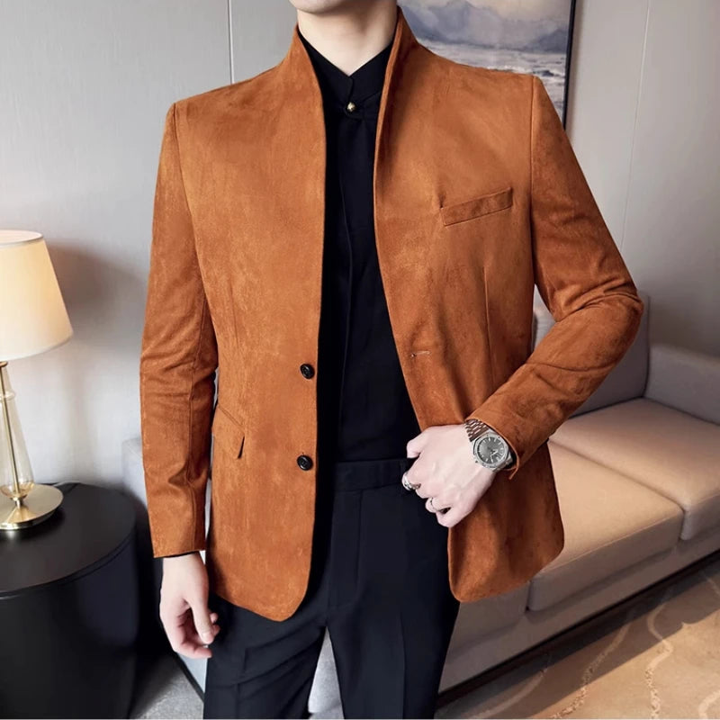 Nouveau Blazer peau de vache velours Version coréenne affaires coupe ajustée costume col montant à la mode costume décontracté veste hommes vêtements formels