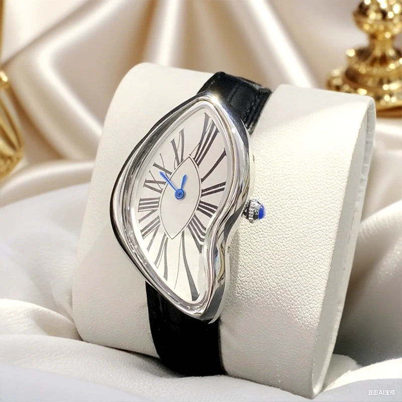 Montres médiévales Retr montres extraterrestres fondues et torsadées Y2k dames hommes bracelet en cuir montre à Quartz avancée boîtier irrégulier en cuir