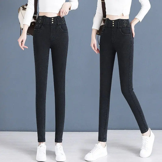 Jean taille haute élastique coréen avec peluche arctique, pantalon crayon droit noir mince, bouton solide, fermeture éclair, mode automne et hiver, nouveau