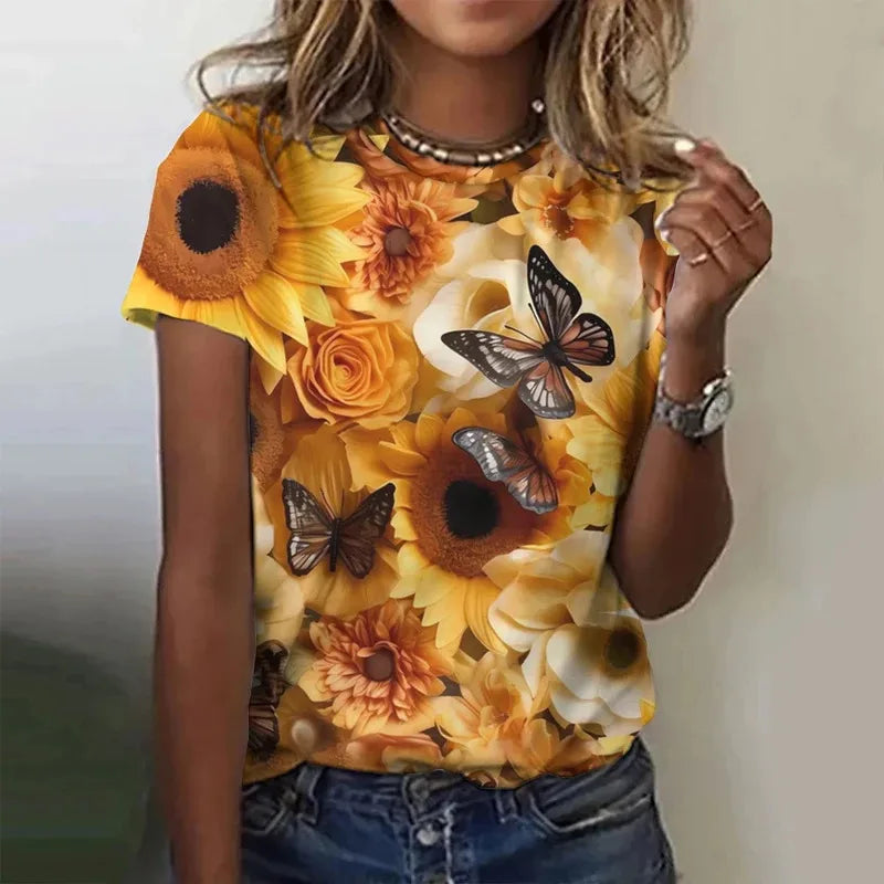 T-shirt manches courtes col rond femme, estival et surdimensionné, avec motif Floral et fleur papillon imprimé en 3D, Y2k, Harajuku, vêtements féminins, nouvelle collection