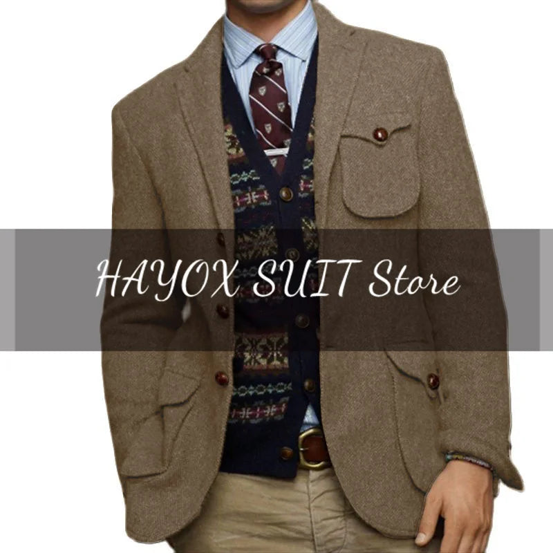 Veste en tweed trempée pour hommes, simple boutonnage, revers pointu, veste multi-poches, mince, élégante, mode, chimsteampunk, mariage, Rh