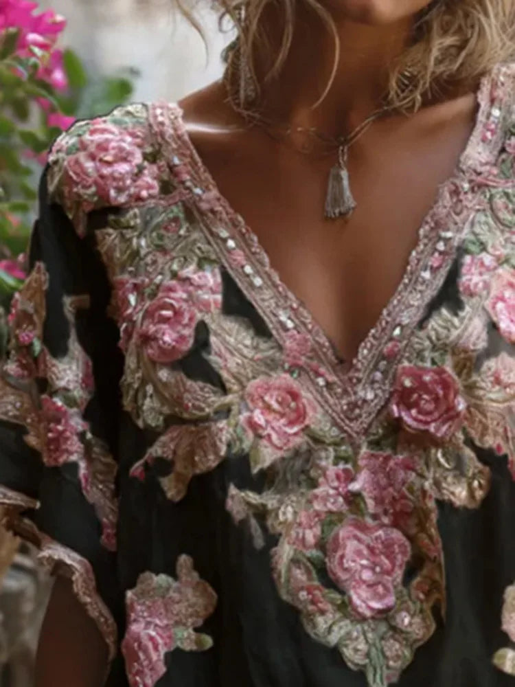 T-shirt à manches courtes pour les déplacements, ample, décontracté, col en v, Jacquard, chemisier à la mode, dentelle brodée, pulls floraux, été