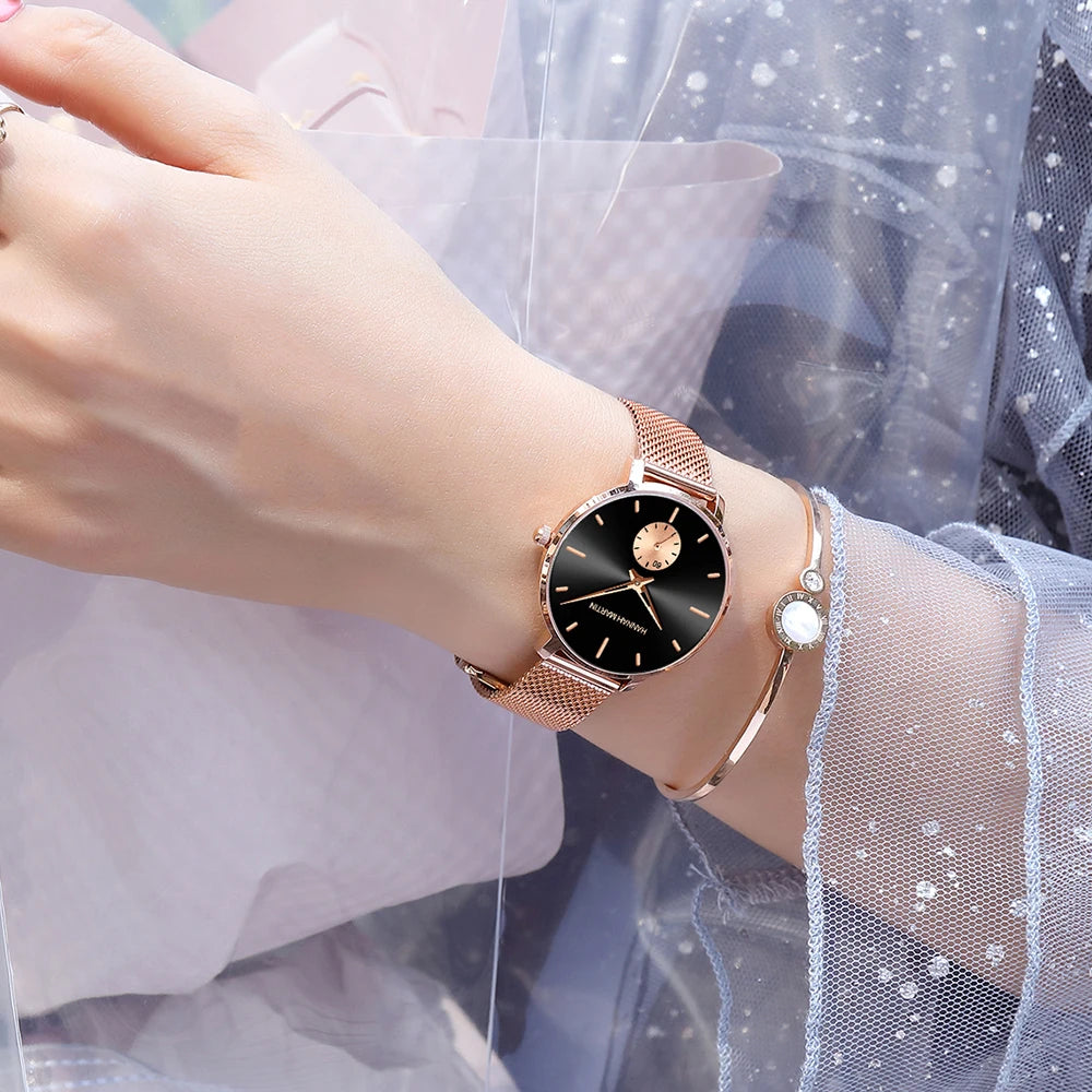 HANNAH MARTIN Top marque femmes montre 1335 synchronisation sous-cadran en acier inoxydable maille mouvement à Quartz or Rose 33mm