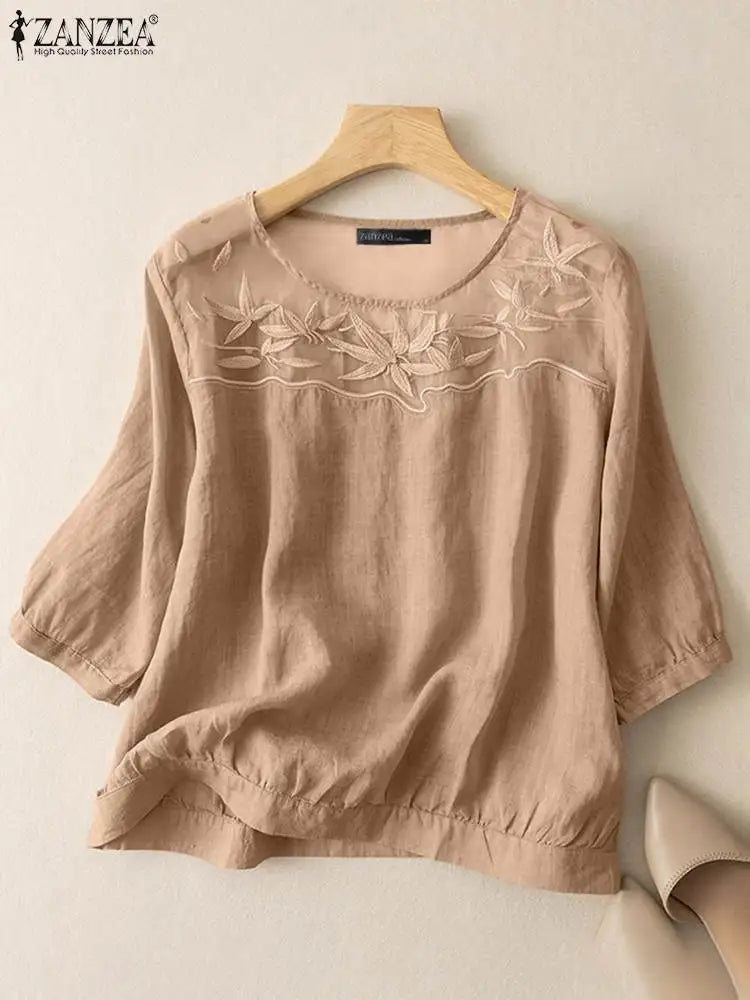 ZANZEA-Chemisier à Manches 3/4 et Col Rond pour Femme, Patchwork en Maille, Décontracté, Broderie Florale, Travail, Été