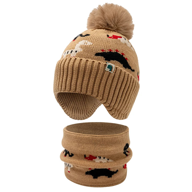 Bonnet tricoté petit dinosaure pour enfants de 2 pièces à 12 ans, ensemble écharpe de chapeau chaud de protection des oreilles pour enfants, chapeau d'automne et d'hiver