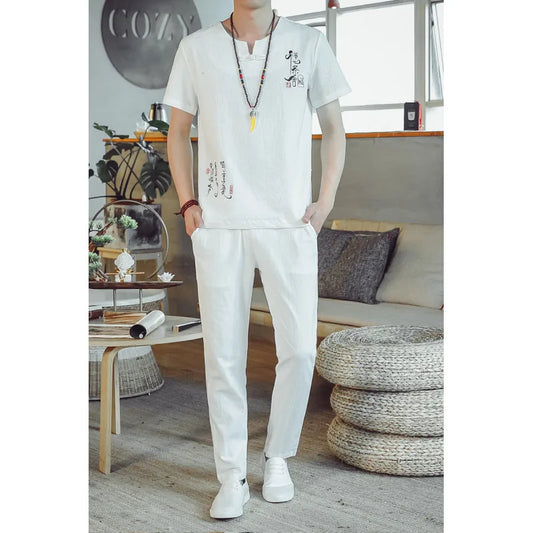 (Chemise + pantalon) 2024 été nouveau style mode hommes chemise à manches courtes chemises hommes ensembles chemises en coton mâle deux pièces M-5XL