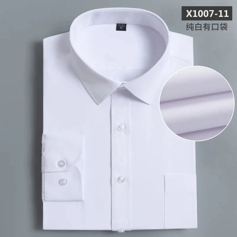 Nouveau coton hommes classique à manches longues robe chemise poche régulière coupe formelle affaires travail bureau décontracté bouton blanc chemises sociales