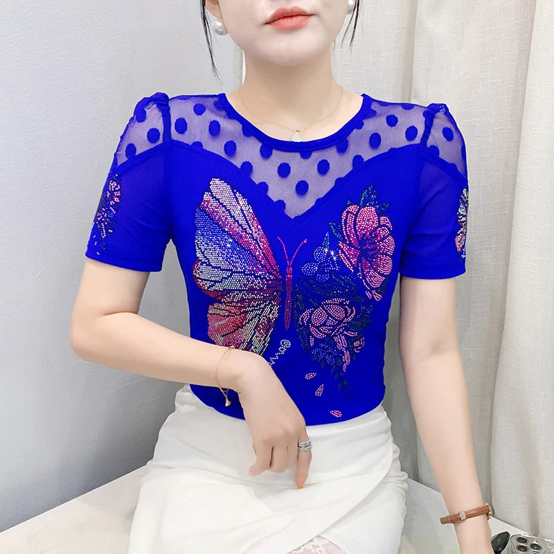 Été nouvelle mode maille T-shirt Chic luxe papillon chaud diamant T-shirt élégant dentelle Patchwork à manches courtes mince haut pour femme