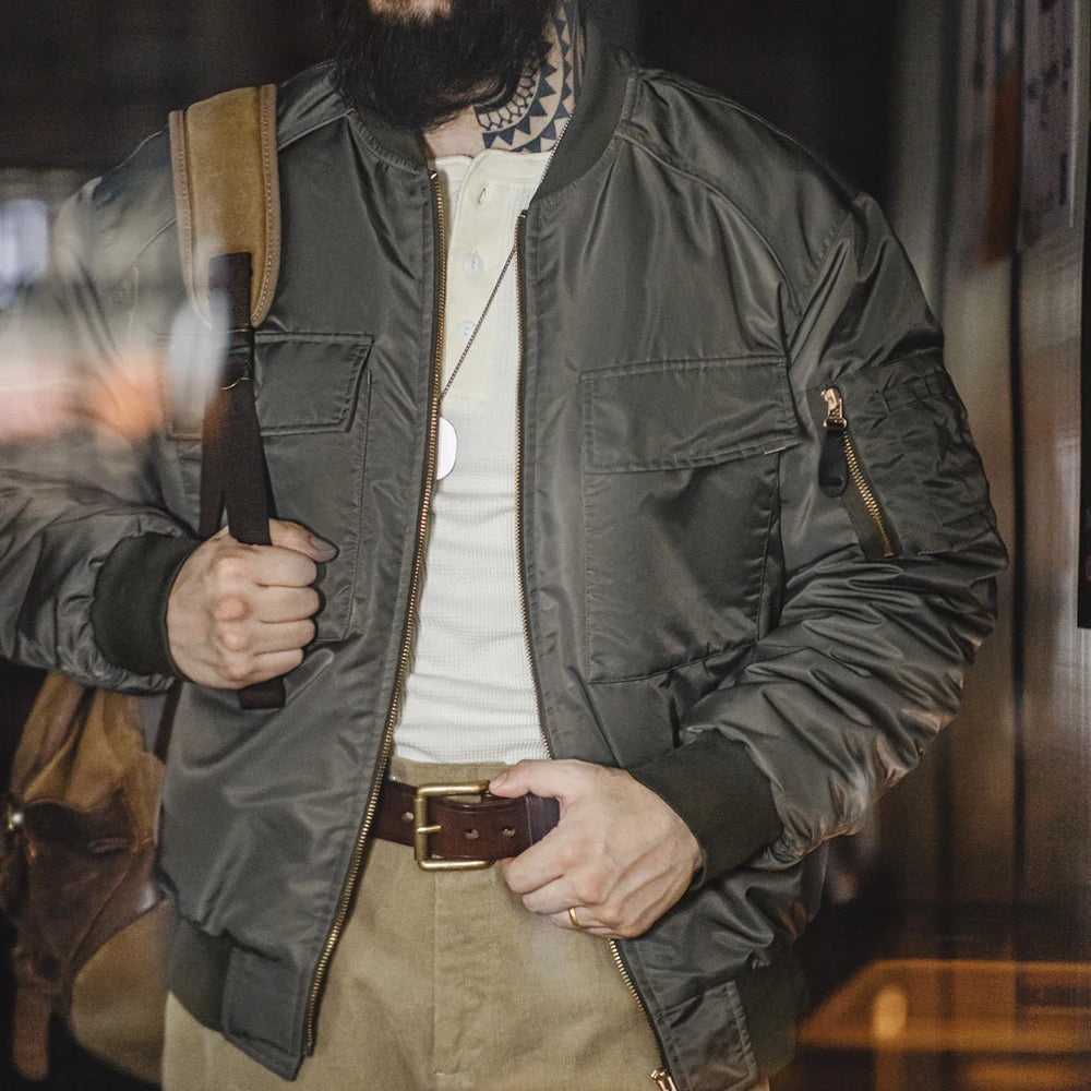 Maden Veste de bombardier MA1 pour hommes col de baseball doublure orange classique deux poches veste de baseball chaude pour l'automne et l'hive