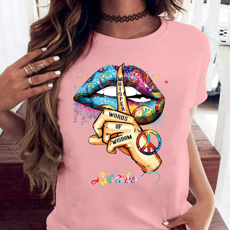 100% coton ample col rond bouche créative à manches courtes T-shirt femme surdimensionné T-shirt hauts vêtements esthétiques