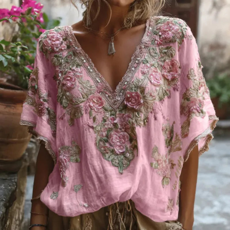 T-shirt à manches courtes pour les déplacements, ample, décontracté, col en v, Jacquard, chemisier à la mode, dentelle brodée, pulls floraux, été