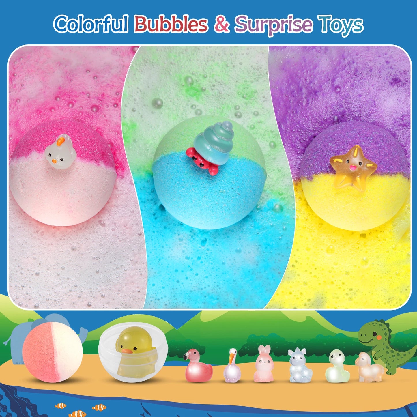Bombes de bain pour enfants avec jouet à l'intérieur, 24 bombes de bain moussantes naturelles et organiques avec surprise qui brille dans la nuit à l'intérieur