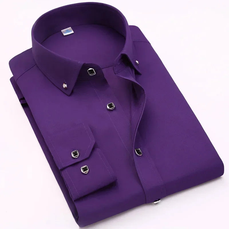 Chemise habillée de luxe pour hommes, bouton en diamant, couleur unie, décontractée, coupe Standard, confortable, douce, manches longues, vêtements pour hommes