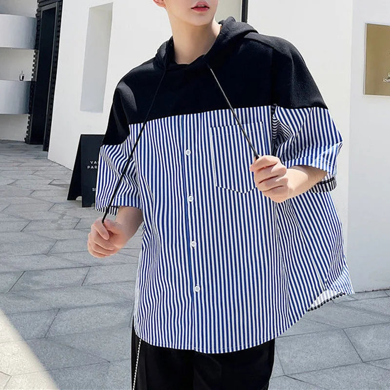 Chemise à capuche rayée à manches courtes, haut de gamme, design personnalisé, décontracté, imprimé, respirant, nouveau, été, 2024