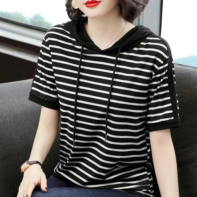 T-shirt surdimensionné à capuche à rayures pour femmes, robe spéciale, haut d'été, t-shirt à manches, vêtements pour femmes