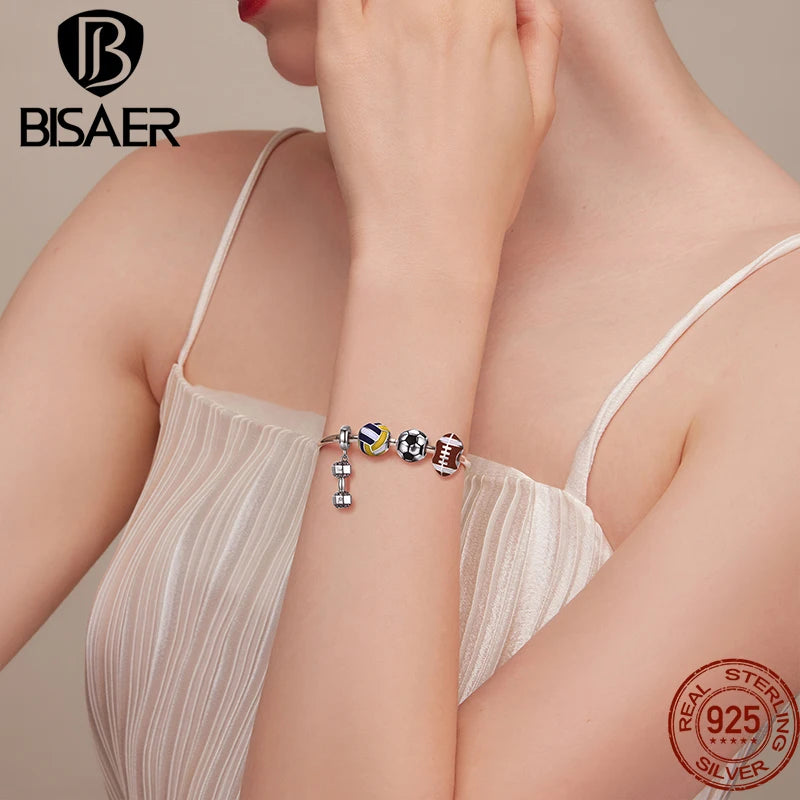 BISAER 925 en argent Sterling série balle charme Football volley-ball Tennis basket-Ball perle ajustement femmes et hommes Bracelet bricolage bijoux fins