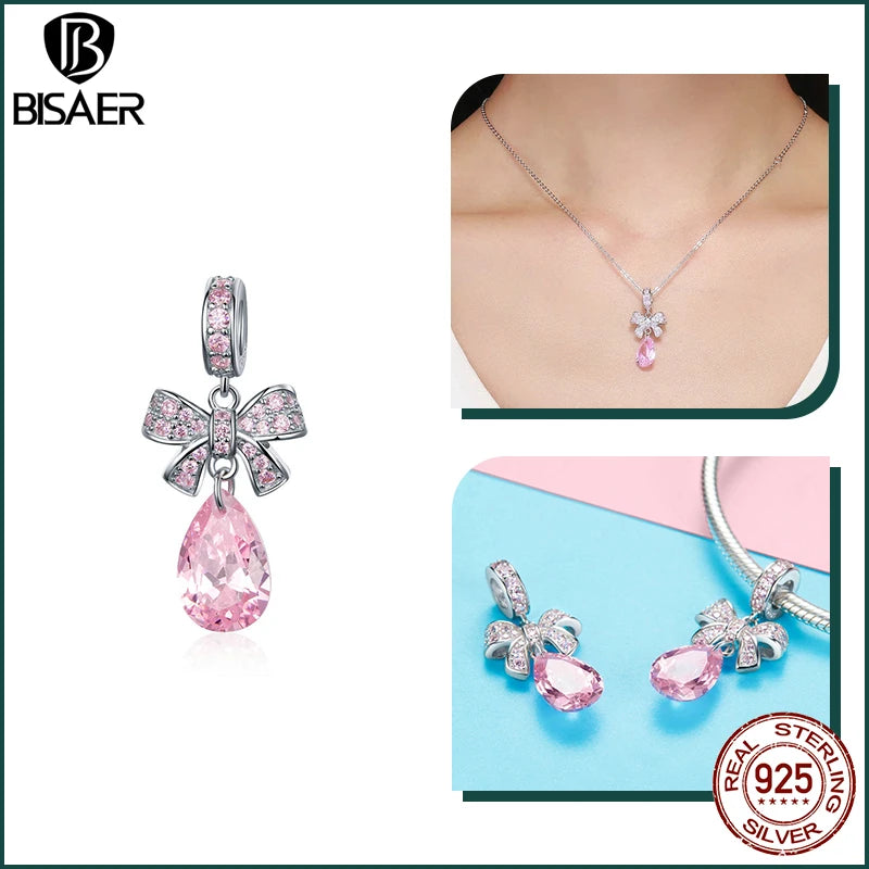 BISAER 925 argent Sterling rose bleu verre pendentif nœud perles plaqué platine pour collier et Bracelet