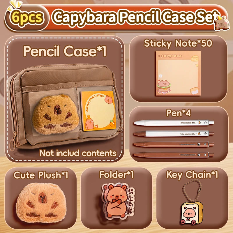 Ensemble de trousse à crayons Capybara avec fournitures, Kit de papeterie 6/9/14/16 pièces, comprend un support, une stylo, un porte-clés, des autocollants, une broche, des Clips pour Hobbis