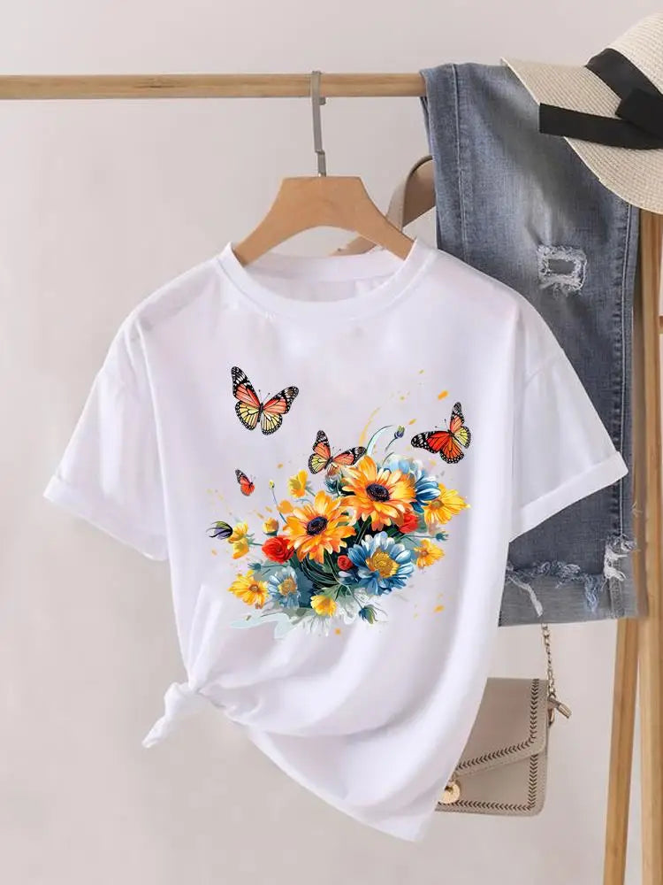 Tendance fleur Style mignon à manches courtes femmes imprimer femme chemise mode vêtements graphiques T-shirts vêtements dame t-shirt décontracté
