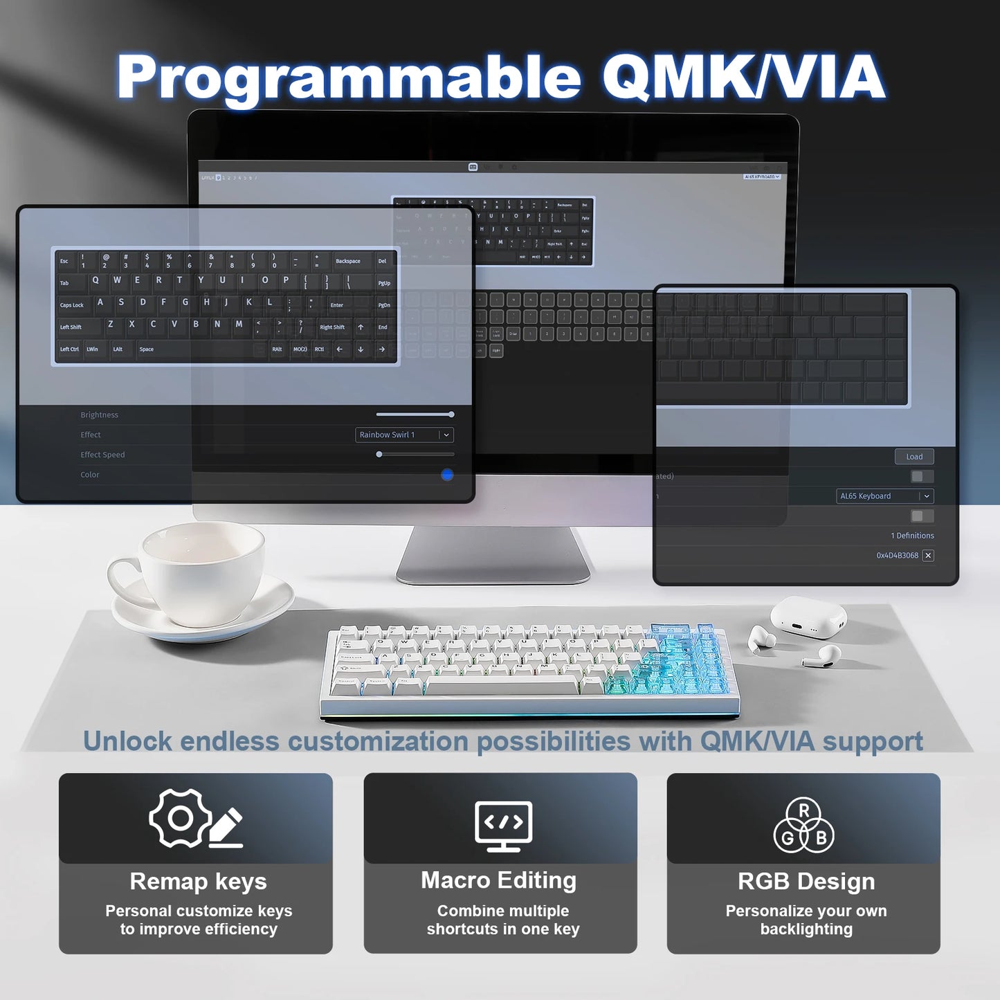 YUNZII AL65 clavier mécanique en aluminium blanc, clavier de jeu sans fil personnalisé QMK/VIA, clavier rétro-éclairé rvb à échange à chaud avec joint
