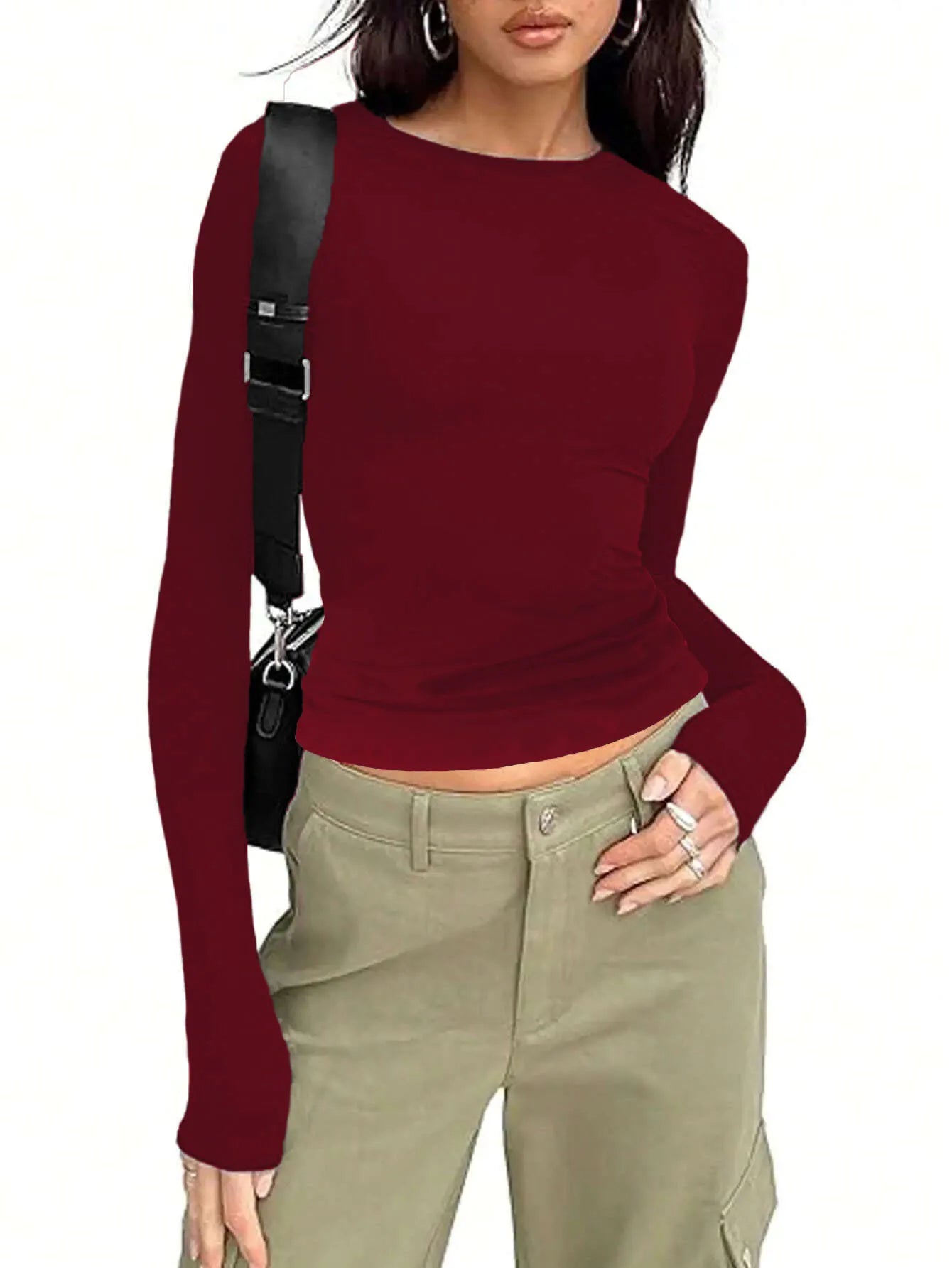 T-shirt à Manches sulfpour Femme, Vêtement Décontracté, Couleur Unie, Coupe Slim, Collection Automne