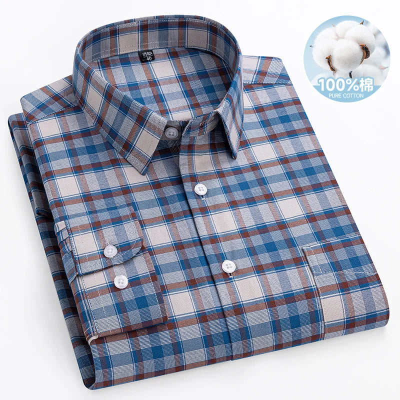 Chemise Oxford rayée à carreaux pour hommes, chemise sociale à manches longues, chemises de travail décontractées, poche, pur coton, qualité, S- 7XL, 8XL, 100%