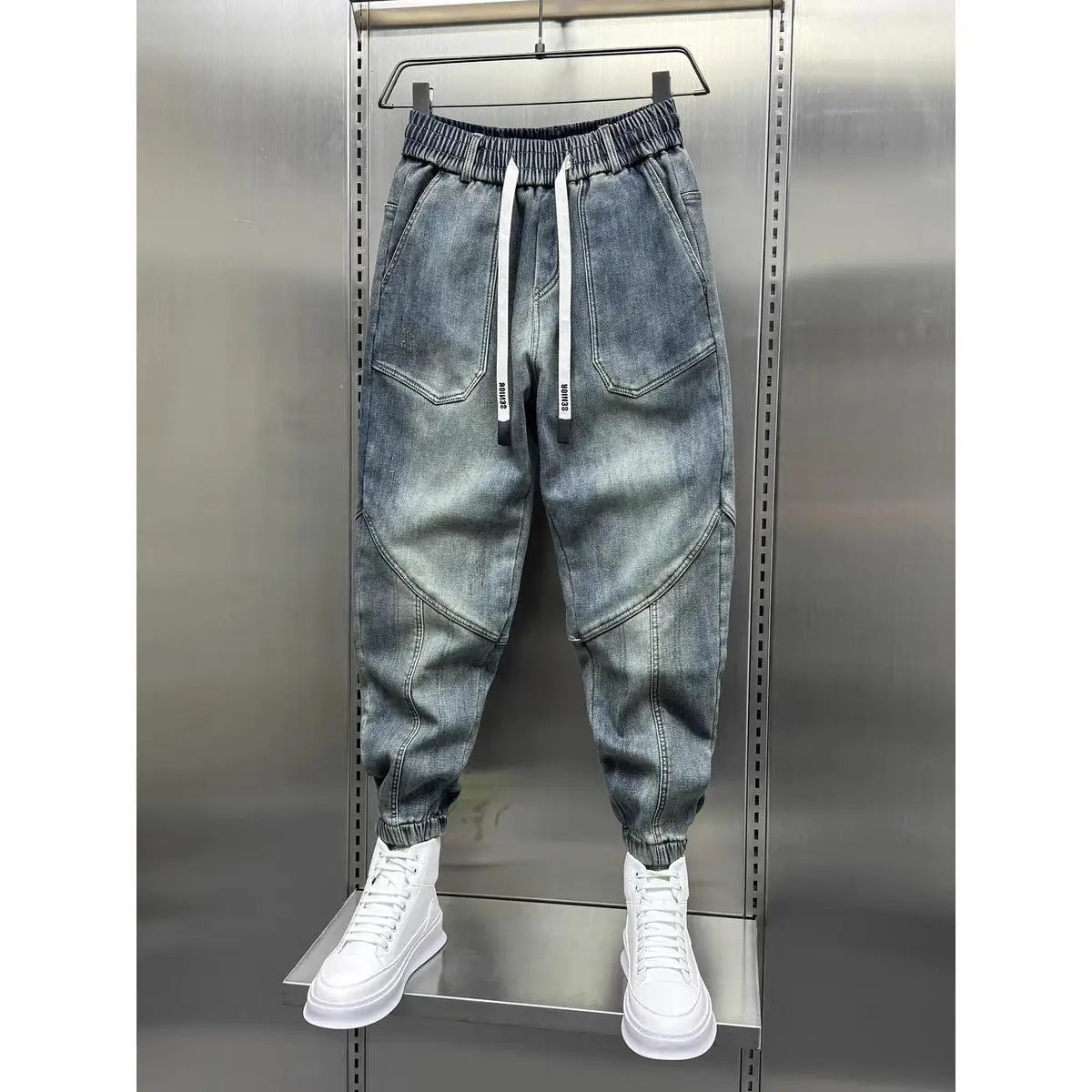 Jean Denim Bleu pour Homme, Pantalon Sarouel, Taille artificiel astique, Poignets, Vêtements de Luxe Décontractés, Mode Printemps-Automne, Nouveau, 2024