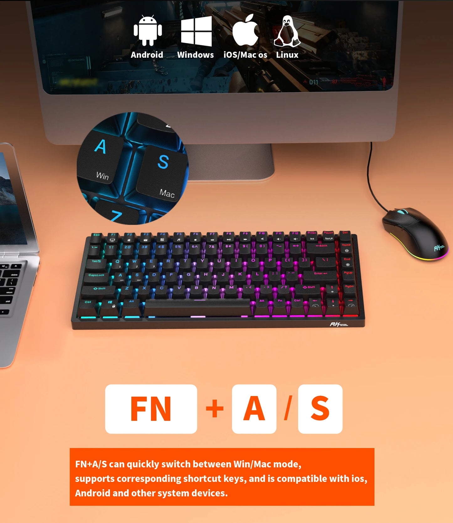 RK84 RK ROYAL KLUDGE clavier de joueur sans fil espagnol brésilien Tri-mode BT5.0/2.4G/USB-C 75% clavier mécanique Bluetooth rvb