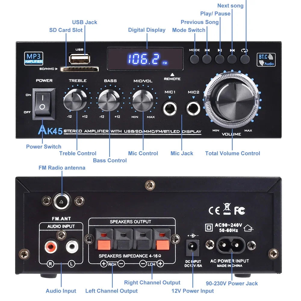 Amplificateur de puissance Bluetooth 5.0, récepteur stéréo, caisson de basses, audio Hi-Fi, AK45, 2 canaux, 300W x 2 sorties, Max 800W
