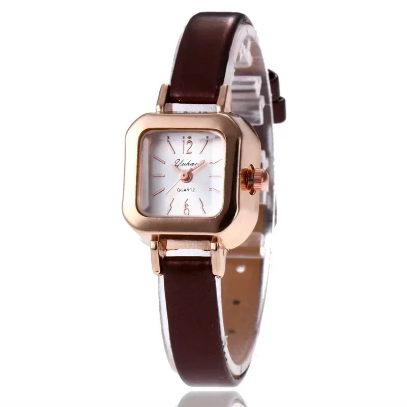Montre-bracelet à quartz pour femme, petit cadran carré, bracelet en cuir fin, élégant, décontracté