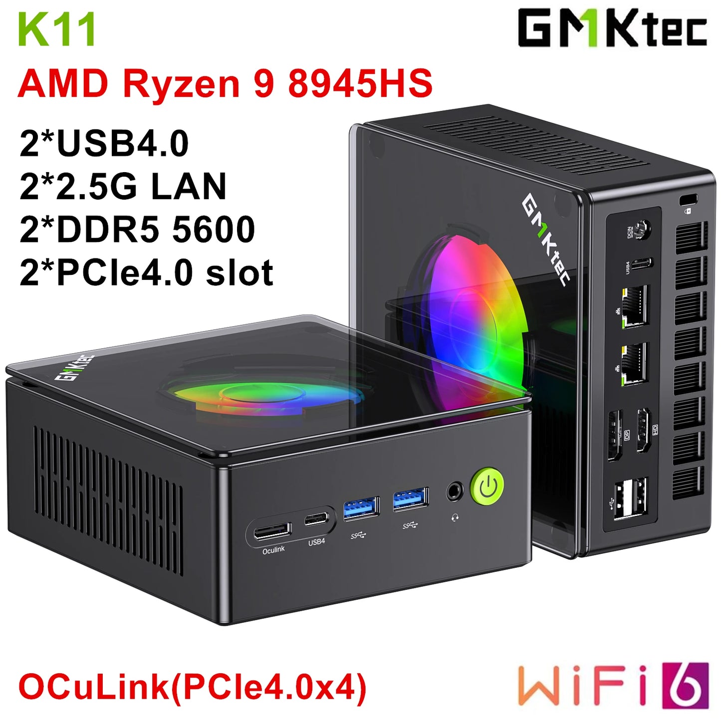 GMKtec-Mini PC Gaming Nucbox K11 AMD Ryzen 9 8945HS, OCuLink 2 x USB 4 2 x DDR5 2 x PCIe 2x2.5G LAN, Ordinateur de bureau RVB, Windows 11, WiFi 6