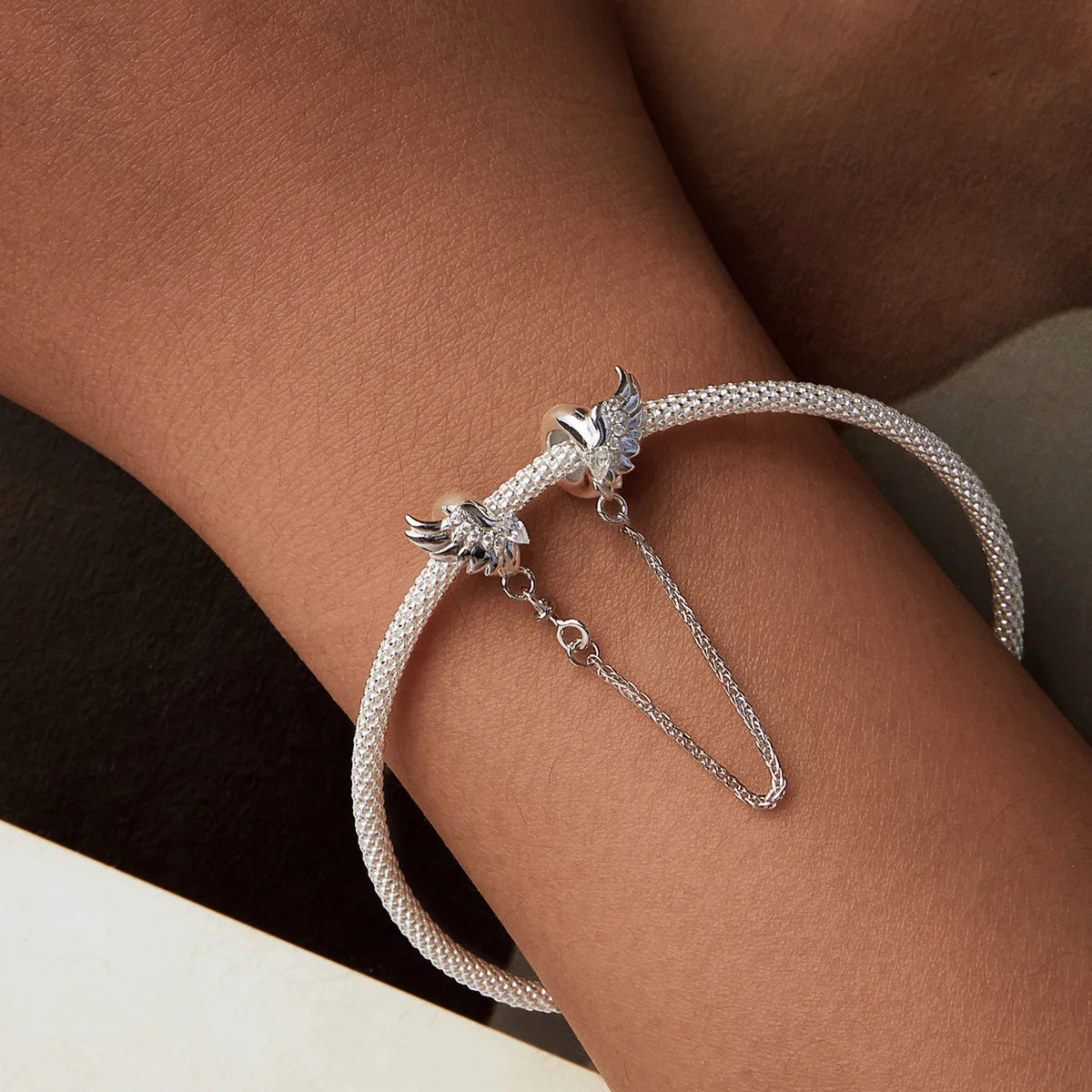 Meilleure vente 100% argent Sterling 925 la clé de coeur silicone sécurité chaîne breloque Wostu Original perles Bracelet bijoux CQC606