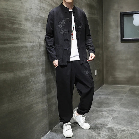 Ensemble deux pièces de style chinois pour hommes, chemise et pantalon, broderie, lin, coton trempé, décontracté, rétro, Kungfu, fjfu