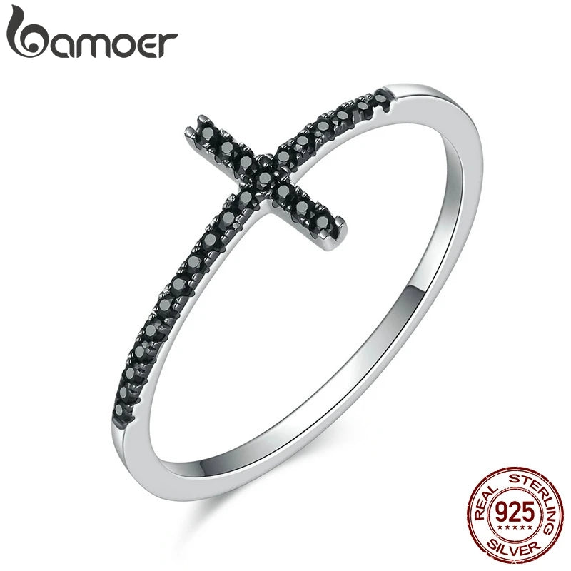 BAMOER – bagues en argent Sterling 925 en forme de croix pour femmes, bijoux en argent Sterling CZ noir clair, cadeau SCR067